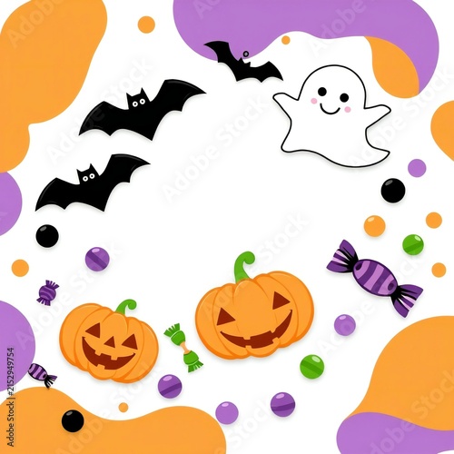 Cute halloween illustration with pumpkins ghost bats and colorful candy sweets for holiday party celebration