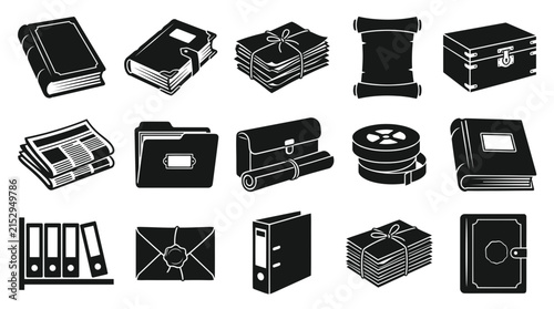 Archive and Documentation Black and White Glyph Icons Set: Historical Documents, Books, and Office Files