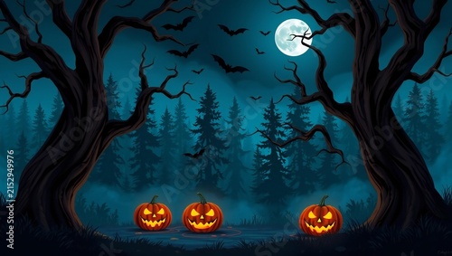 Three glowing jack-o-lantern pumpkins in a spooky dark forest at night with a full moon