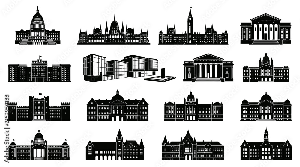 Fototapeta premium Black and White Vector Glyphs: Iconic Government, University, and City Architectural Building Silhouettes Collection