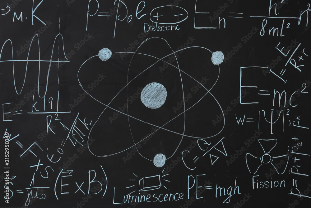 Fototapeta premium Drawn atomic structure and physics formulas on black chalkboard