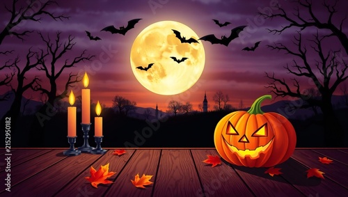 Spooky carved halloween pumpkin with glowing candles and bats flying under a full moon in a dark forest