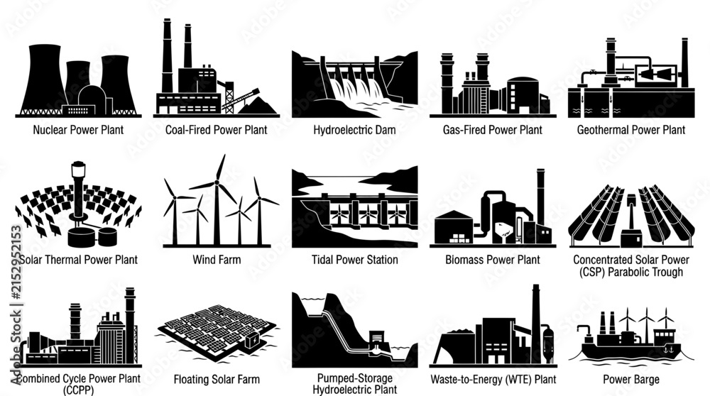 Fototapeta premium Energy Power Plants and Electricity Generation Facilities Icons Set. Industrial Black and White Silhouette Glyphs.