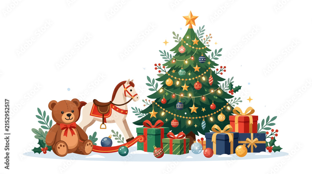 Naklejka premium Whimsical Christmas Scene with Teddy Bear, Rocking Horse, and Decorated Tree