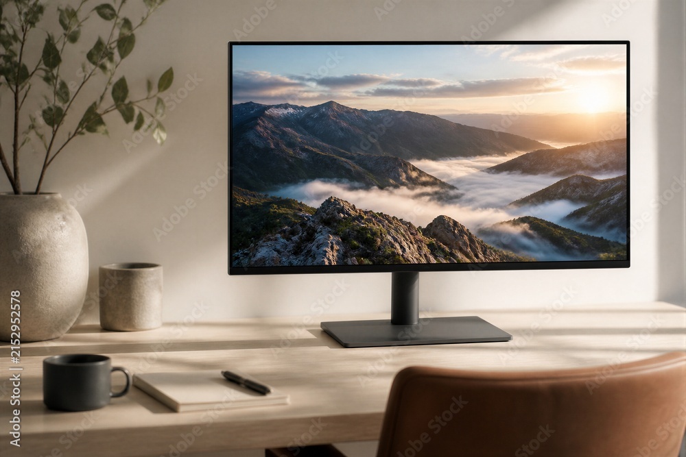 Fototapeta premium Computer monitor showing mountain landscape on wooden desk