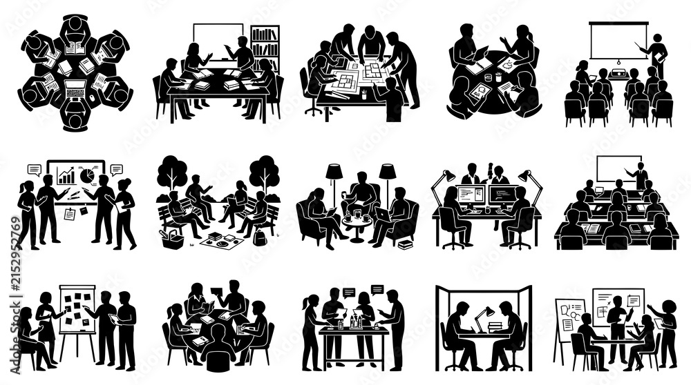 Fototapeta premium Learning, Education, and Business Collaboration Icons - Modern Black White Glyph Set