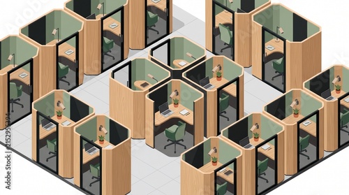 Modern office cubicles isometric illustration, minimalist workspace design with individual pods, green and wood tones, for business environment concepts