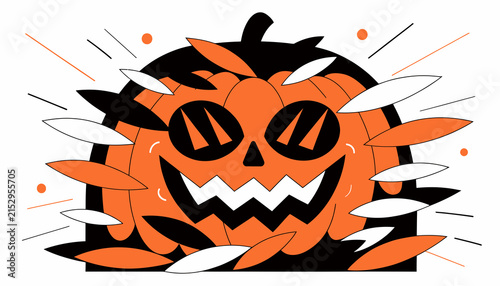 Spooky Halloween Pumpkin Lantern with Flying Leaves, Scary Face, Orange, Black, White Graphic Illustration