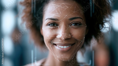 Biometric face scan with digital overlay on womans face
