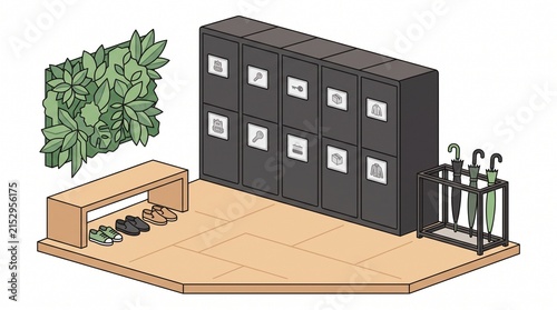 Isometric locker room illustration, modern office or school changing area with dark lockers, wooden bench, shoes, umbrella stand, and green plant wall, clean white background