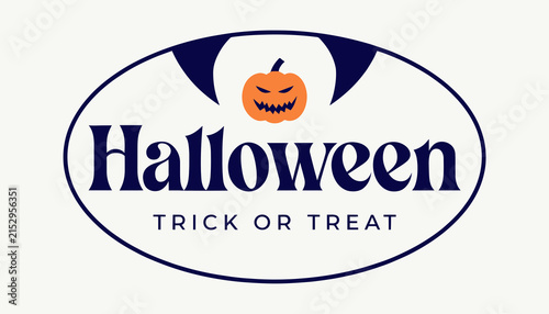 Spooky Halloween Trick or Treat Oval Logo with Jack-o-Lantern and Bat Wings