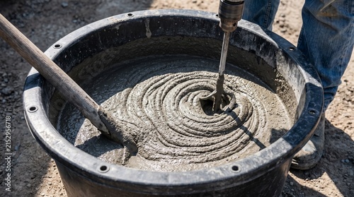 Mixing concrete in a black bucket with an electric mixer on a construction site