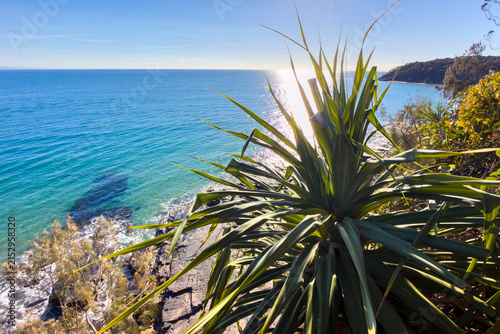 Coastal views with clear blue ocean, shoreline and native vegetation at Noosa Headland, Queensland, Australia.