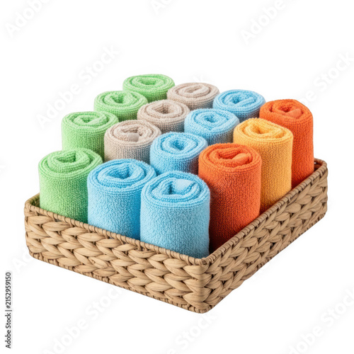 Colorful stacked fabric cubes in woven basket
