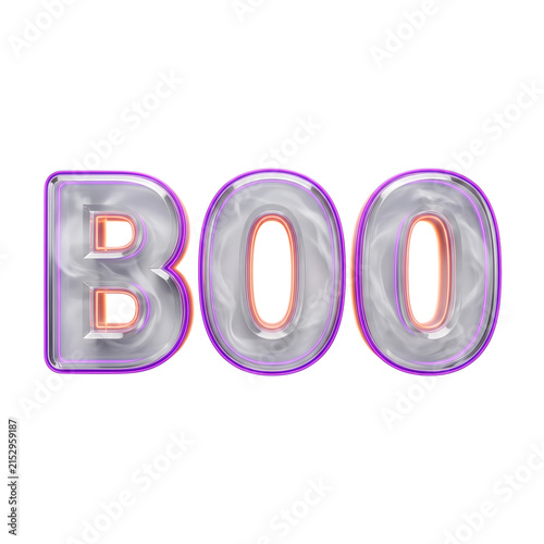 Boo text for Halloween celebration. Shiny 3D lettering for spooky holiday graphic design.