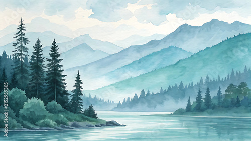 Watercolor landscape painting of misty mountains and pine forest lake scenery