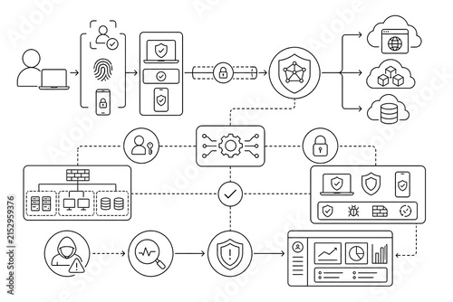 Cybersecurity and network protection system with identity authentication, cloud security, data protection, and threat monitoring.