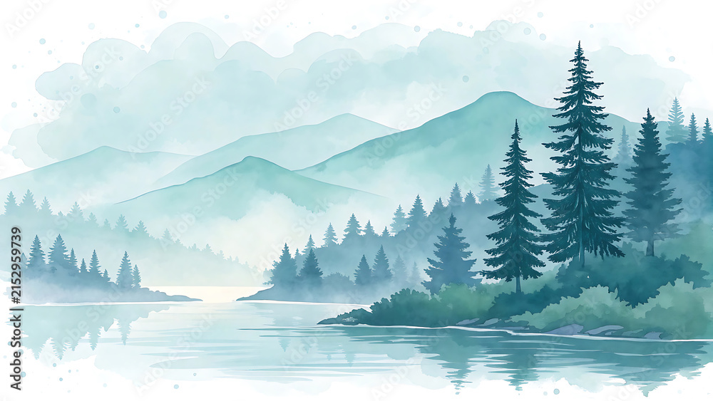Fototapeta premium Watercolor landscape illustration of mountains and conifer trees