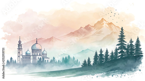 Watercolor painting of a grand domed building by pine forest