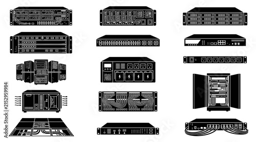 Black and White Line Art Icons of Technology Servers, Network Devices, and IT Equipment