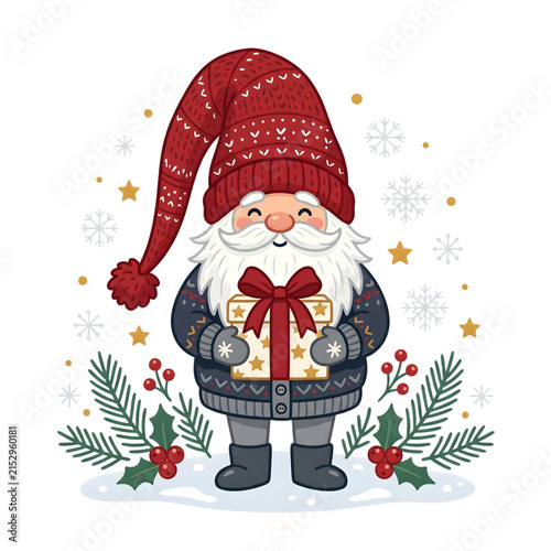 Cute cartoon Santa Claus holding a gift box with red ribbon. Festive holiday character in winter knitwear isolated on transparent background.