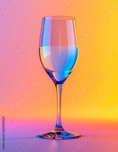 a 3d render of an transparent with blue colour glass champagne glass figure isolated in a beautiful yellow, orange and pink gradient background, ultra high definition