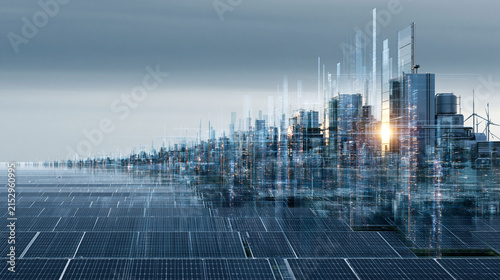 Futuristic digital city skyline overlaying solar farm panels representing smart grid technology and sustainability.