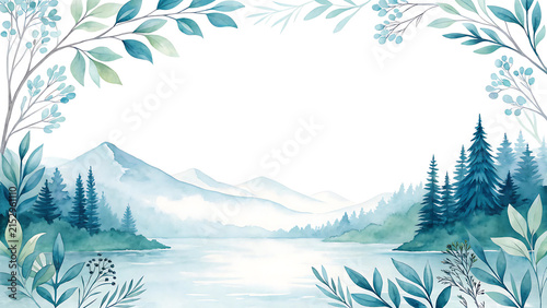 Watercolor landscape background with forest mountains and botanical leaf frame border