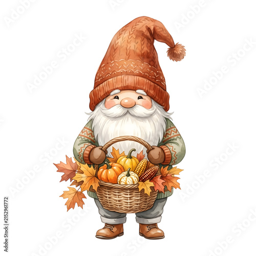 Cute autumn gnome holding a harvest basket. Fall garden dwarf with pumpkins and leaves.