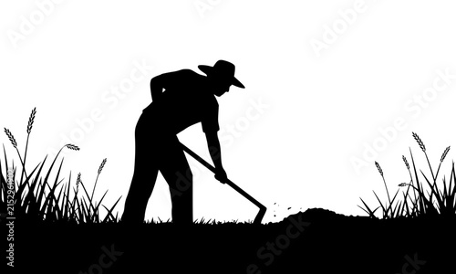 Male farmer working with hoe in agricultural field featuring high contrast black and white silhouette of rural gardener cultivating ground soil in meadow landscape vector illustration.