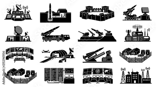 Military Missile Launch Control Center Technology Black and White Icon Set