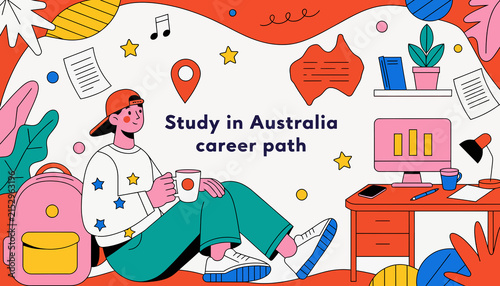 Student in Australia, Study Abroad, Career Path, Education, Opportunity, Future, Backpack, Coffee, Laptop, Illustration