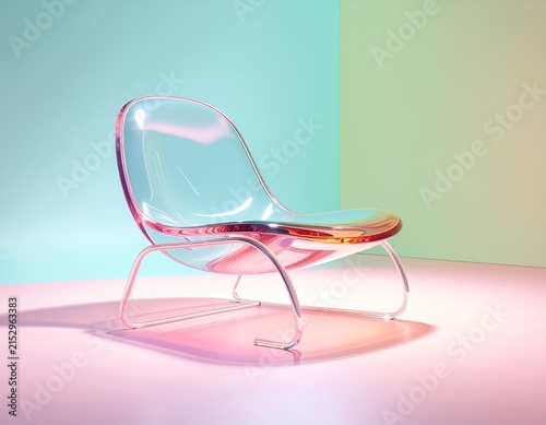 In a sleek, futuristic furniture showcase, a transparent lounge chair with blue and coral tinted acrylic surfaces stands out as the hero object