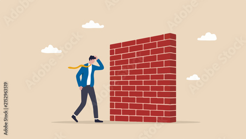 Wrong decision, bad strategy, business mistake concept, businessman choosing a path leading to a brick wall, clean minimal flat vector illustration