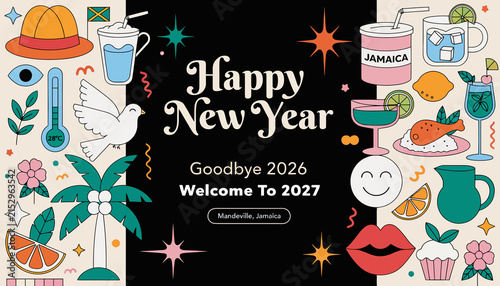 Happy New Year 2027 Festive Celebration with Tropical and Food Elements, Retro Style