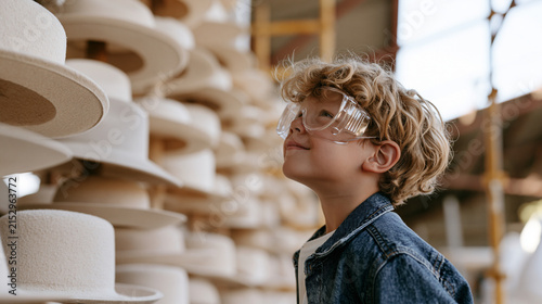 A small child in oversized safety goggles peers up at a towering rack of sculpted felt hat forms inside a cluttered millinery workshop during a building renovation, sawdust