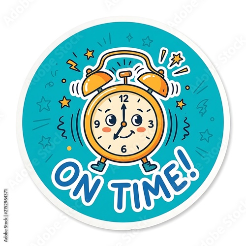 Alarm Clock Saying On Time!: A cute cartoon alarm clock with a smiling face and ringing bells encourages punctuality.