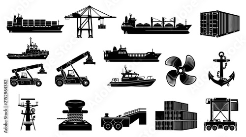Maritime Shipping  Port Logistics Black  White Silhouette Icons Set with Cargo, Containers, Ships  Cranes
