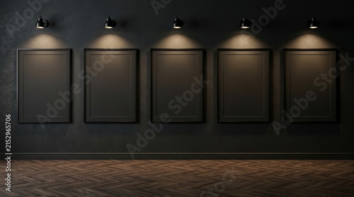 Five blank picture frames illuminated by spotlights in a contemporary art gallery setting.