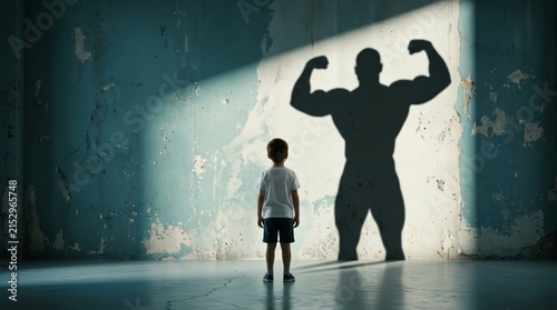 A child imagining being a powerful adult bodybuilder as he sees a muscular shadow.
