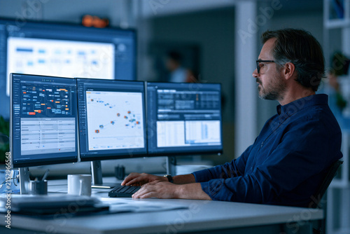 Software engineer managing AI automation workflow on multiple digital screens in modern office