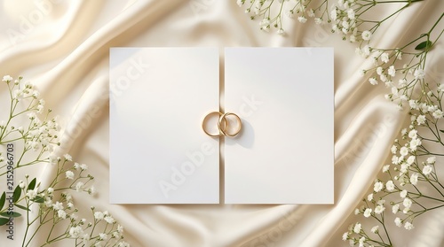 Bridal stationery flat lay featuring white blank cards, gold wedding rings, and delicate flowers.