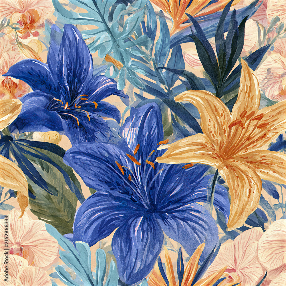 Fototapeta premium Tropical garden pattern with large blue and yellow lilies surrounded by lush leaves creating vibrant and lively floral design