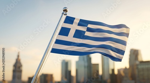 National flag of Greece waving on flagpole with blurred city skyline at sunset golden hour