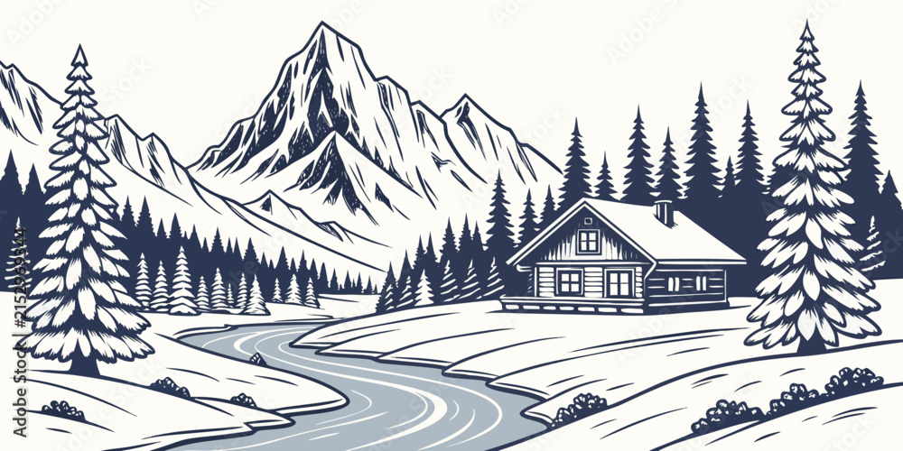 Fototapeta premium Snow-covered mountain chalet with pine trees and winding road in winter landscape