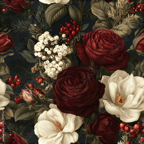 Seamless vintage Christmas bouquet with layered burgundy rose, white magnolia, red berries, and green leaves creating festive