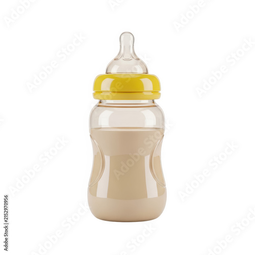 Baby bottle with yellow lid and white milk
