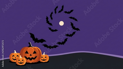 A frightening halloween night features illuminated jackolanterns with silhouettes of bats flying before a bright full moon