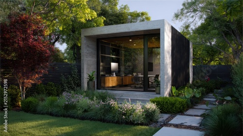 Backyard Office Modern backyard office with glass walls surrounded by lush greenery and landscaped stone pathway.