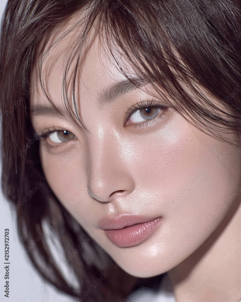 Fototapeta premium Close up beauty portrait of young woman with glowing natural skin